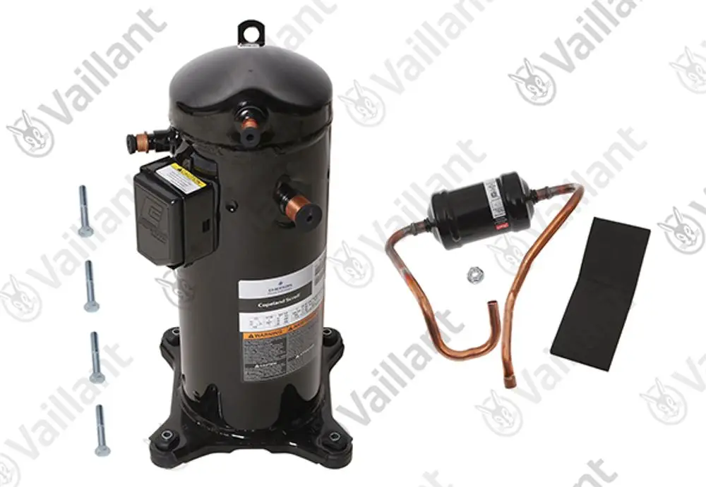 Vaillant Kompressor, zylindrische Bauform mit elektrischer Steuerung und Anschlüssen. Zubehörteile und Schrauben zur Installation sind ebenfalls abgebildet.